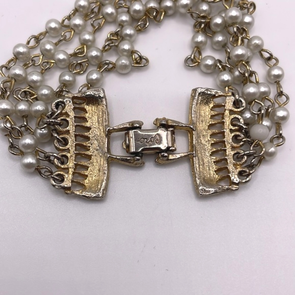 Coro Signed Vintage Gold Tone Faux Pearl Multi Strand Bracelet - Picture 3 of 6